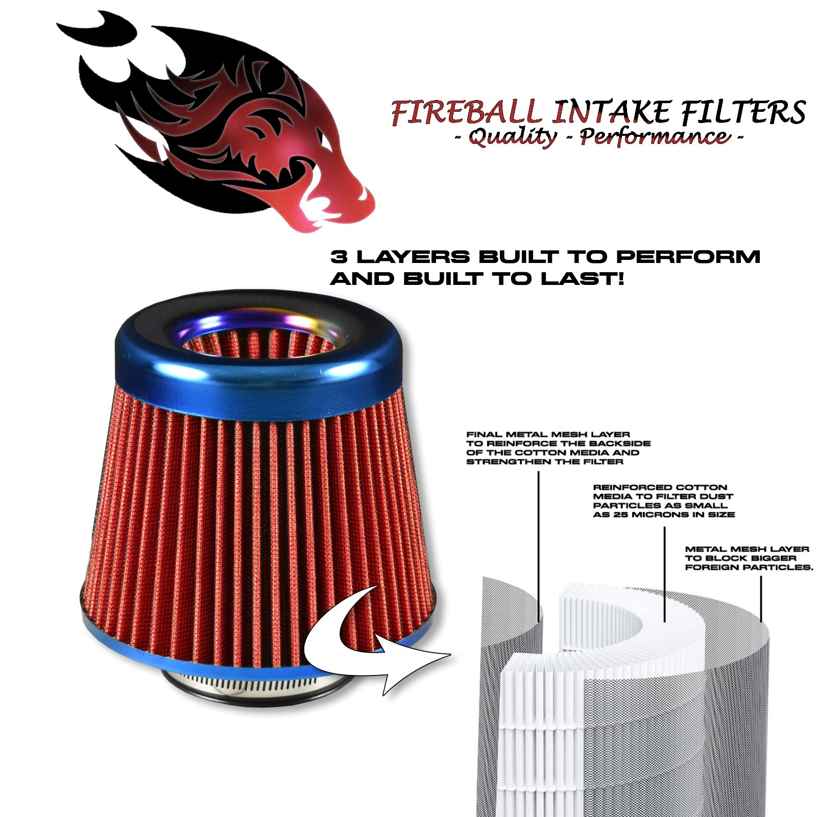 Reusable Fireball Cold Air Intake Filter and Heat Shield Kit Universal for Lotus