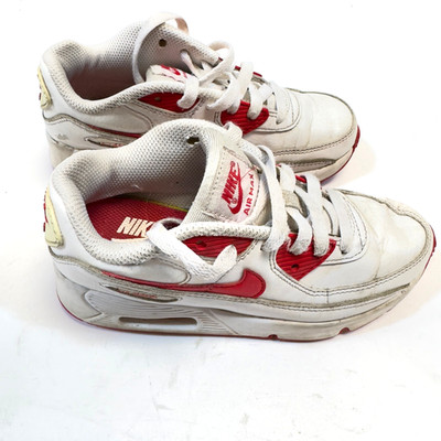Original Nike Air Max 90er Kinder Unisex UK Größe 1 weißes Leder mit rotem Swoosh