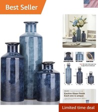 Blue Ceramic Vase Set - 3 Blue Small Vases, Farmhouse Country Flower Vase Hom...