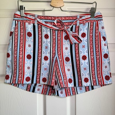 Loft Womens Size 2 Blue Red Tile Stripe Tie Waist Riviera High Rise Shorts