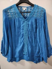 Style Co Top Womens M Blue Blouse Tunic Long Sleeve Lace Embroider Boho Peasant