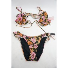 NWT Victoria's Secret Swim Floral Print Bikini 2pc Set Ruffle Trim Black Pink M