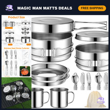 14-Piece Stainless Steel Camping Cookware Set - Pots, Pans, Cups, Plates & Utens