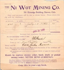 Ni Wot Mining Co Denver CO 1898 Billhead Receipt