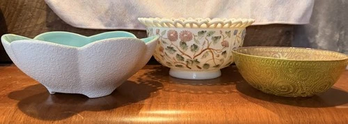 Antique Bowls Milk Glass EAPG Royal Haeger Vintage Gold Petal Bowl Chaplinor