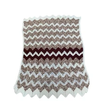 Vintage Chevron Cream Brown tan crocheted 50x32 Lap Afghan Handmade granny core