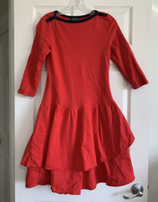 Lauren Ralph Lauren Dress Womens XS Red Navy Blue Trim Drop Waist Ruffle Skirt