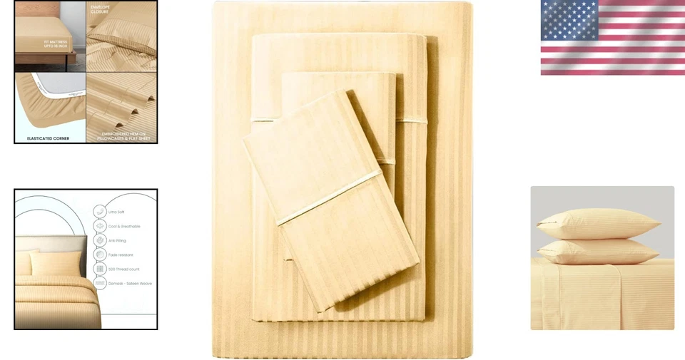 Juego de sábanas damasco de lujo 500 TC algodón tamaño king - sémola Foto 2 de 4