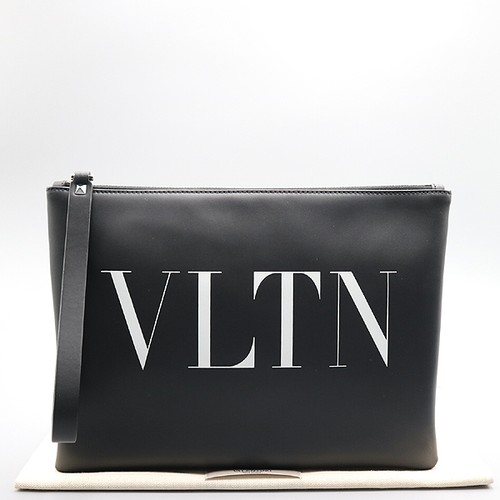 VALENTINO UY0P0299LVN Black Leather VLTN Logo Clutch + Wrist Strap