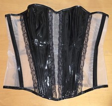 Striking Black Vinyl Sheer Mesh Gothic Overbust Corset Size Large 12-14