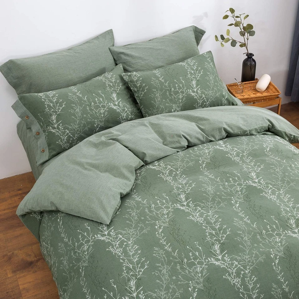 被套套装特大号水洗棉纱,提花绿色和白色薄 B... — 第 4/4 张图片
