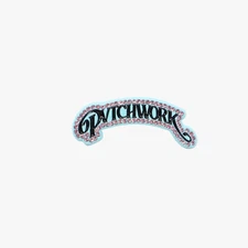 PvtchWork Cyan Blue Pink Rhinestones Black Text Script Pin