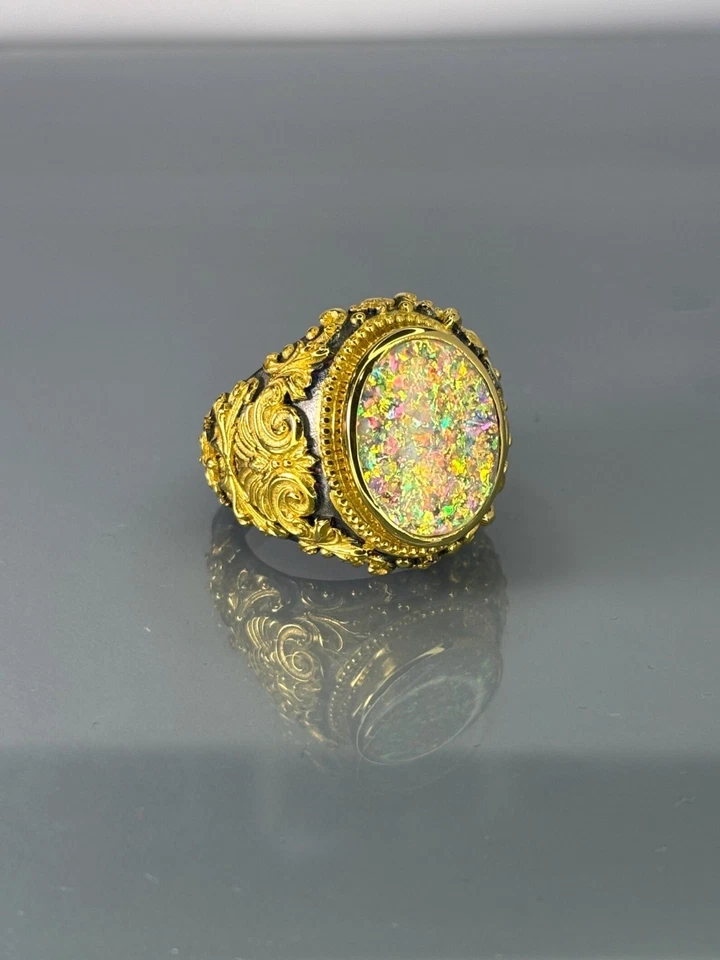 Opal 925 Sterling Silver Men’s Ring, Bronze Detail Vintage Signet Ring - Image 3 of 4