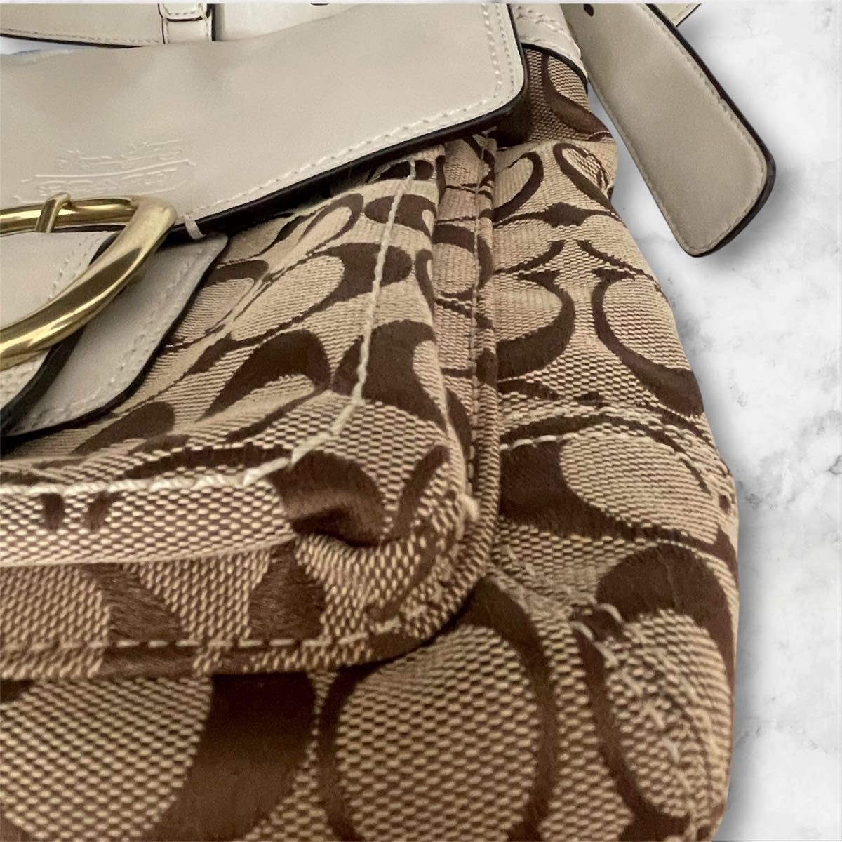 COACH Signature Shoulder Bag Beige x Brown Excellent Condition Canvas Leather wi thumbnail 11