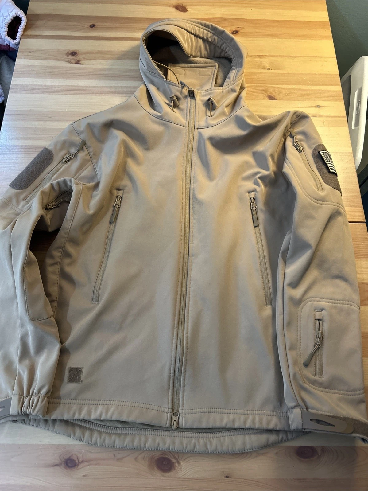 TACVASEN? Mens Medium Tactical Soft shell Fleece Carmel Coat With Flag Patch image 1