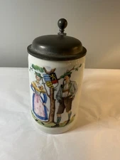 Hand Painted White Porcelain And Pewter Lidded Stein