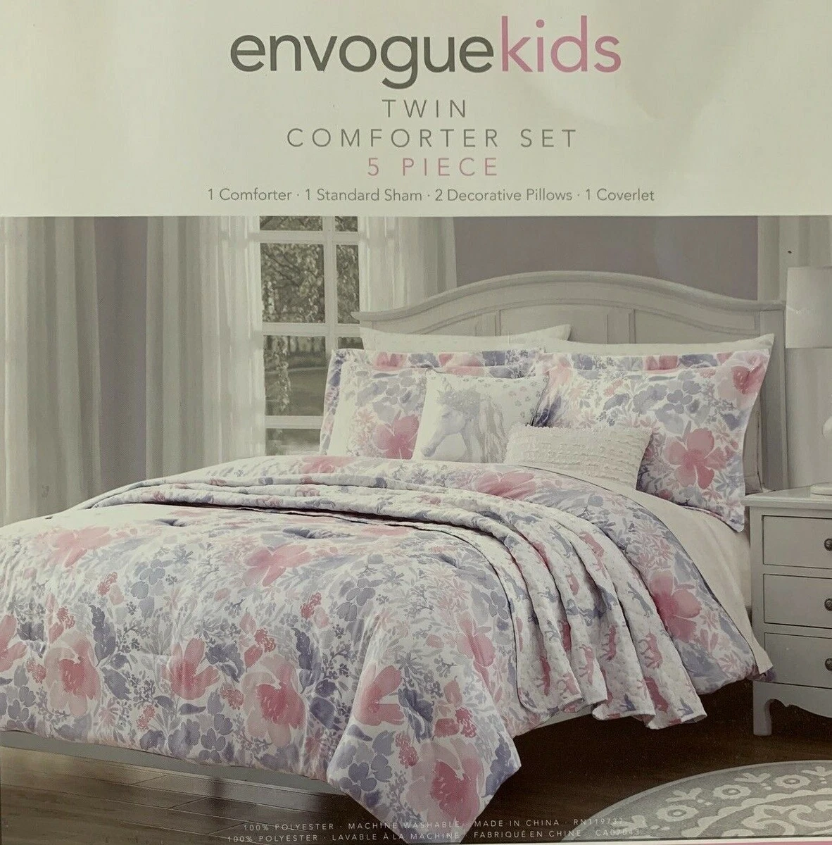 Envogue UNICORNS Twin Size Comforter Set Envogue 5 PC Floral Pink