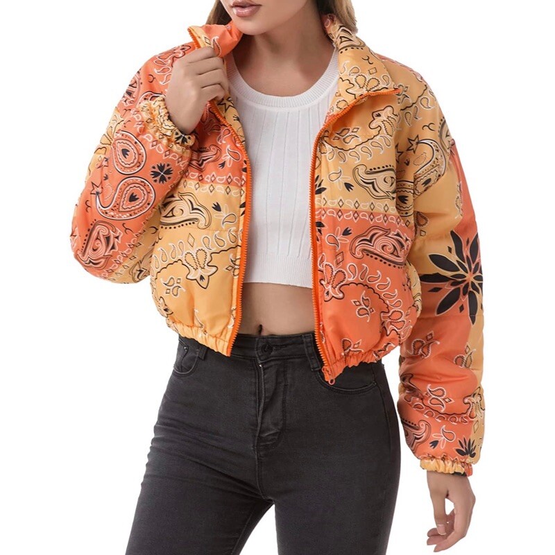 Women's Quilted Lightweight Coat Cropped Bandana Jacket Size S