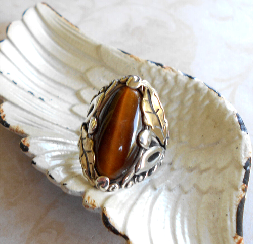 Carolyn Pollack Oxidized Sterling Tiger's Eye Brass Leaves Ring size 5 55A8 - Picture 3 of 19