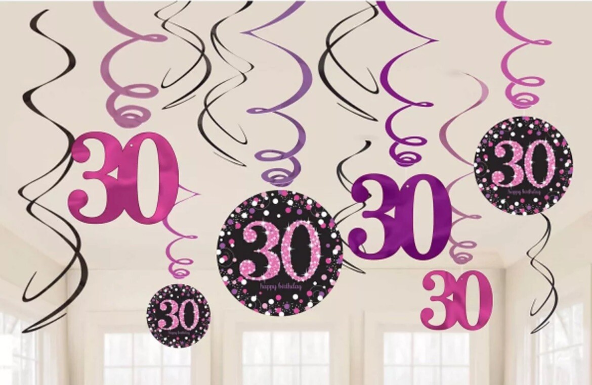 12 x 30th Birthday Hanging Swirls Black & Pinks Party Decorations Age 30