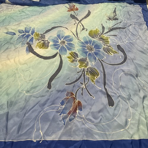 Silky Square Scarf 33.5”x 35” Blue Floral Malaysia-Made Hand Painted Beautiful - Picture 2 of 11