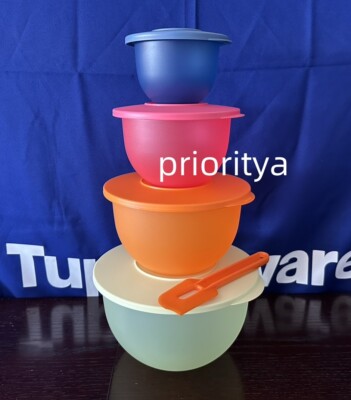 Tupperware Impressions Classic Serving Bowl Dark Blue Set 4 w/Orange Spatula New