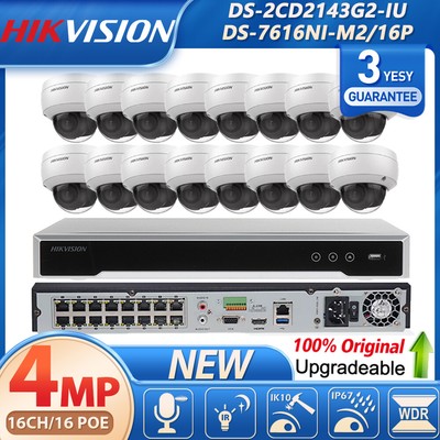 Hikvision Acusense 16CH 16PoE NVR 4MP Mic IP Camera CCTV System H265 Dome Lot