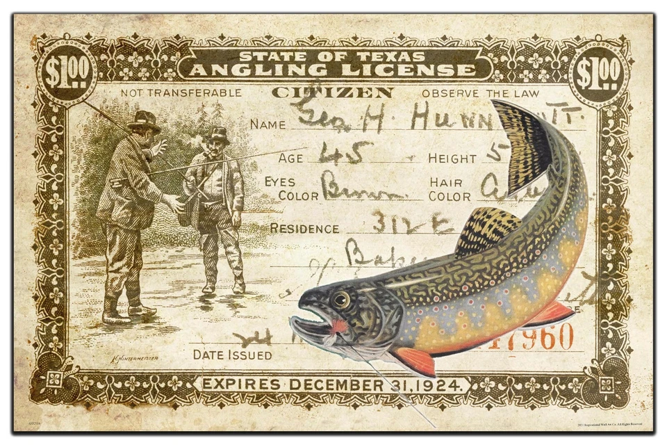 Vintage Texas Brook Trout Fly Fishing License Art Print 11x17 Cabin Wall Decor