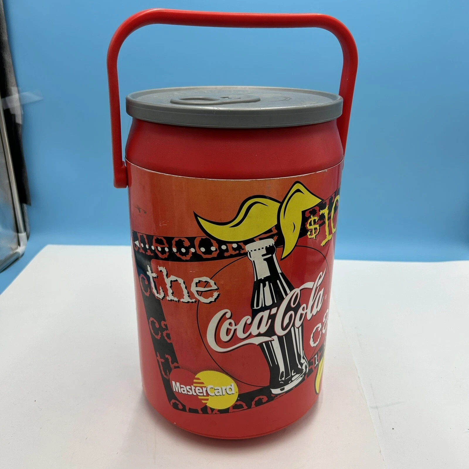 1998 COCA COLA Coke Can 16”can shaped cooler Kooler Kraft Mastercard Sun USA