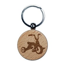 Child Tricycle Three Wheels Engraved Wood Round Keychain Tag Charm