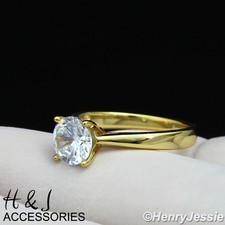 WOMEN 925 STERLING SILVER 1CT ROUND CZ PLAIN GOLD PLATED ENGAGEMENT RING GR63