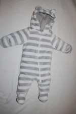 Baby Boys GRAY WHITE STRIPE PLUSH SNOWSUIT Hooded Bunting w/ Hand Covers 0-3 MO