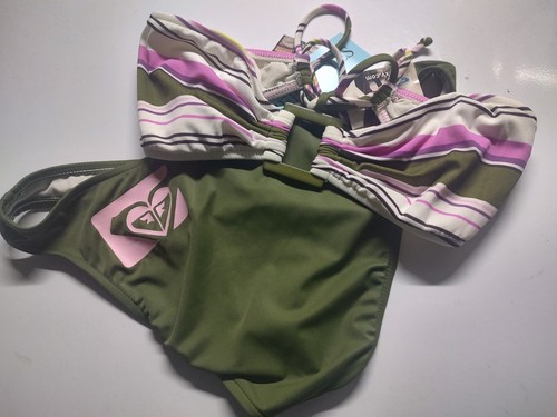 NWT Roxy Swimsuit 2pc Bikini Set L ISLAND GREEN Stripe Swimsuit Swim Quicksilver