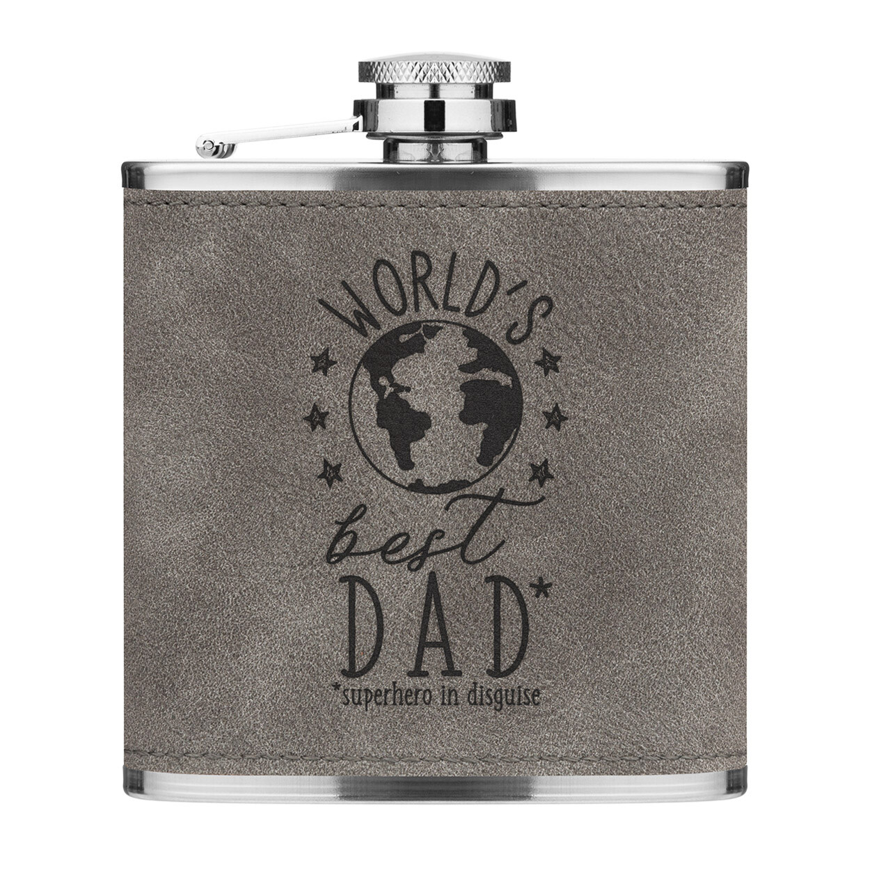 World's Best Dad 6oz PU Leather Hip Flask Grey Funny Fathers Day Funny