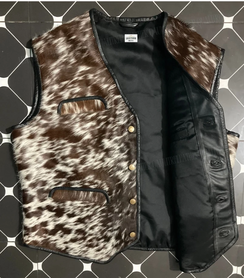 Chaleco de cuero de vaca genuino - Chaleco de cuero con patrón de piel de vaca natural Foto 3 de 4