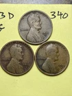 1911-D, 1912-D, 1913-D LINCOLN WHEAT CENT 3 COIN SET, VG condition, #340
