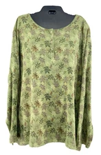 Fashion Bug Womens Sz 26/28W Henley Top Sage Green Leaf Print L.S. Cotton Tunic