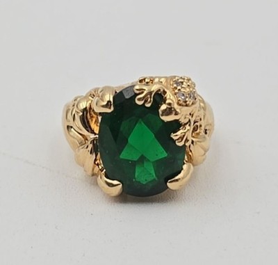 Gold Vermeil 925 Silver Tree Frog Crystal & Emerald Statement Ring - Sz 8