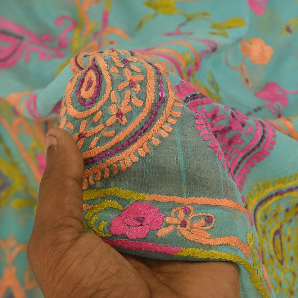 Bufandas Sanskriti Vintage Azul Dupatta Estola Larga Gasa Pura Bordadas a Mano Foto 2 de 4