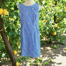 Talbots Dress Blue White Gingham Check  Embroidered Lemons Shift Size 12