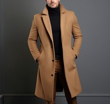 Men's Mid-length Trench Coat Fall Winter Slim Pockets Single-breasted Collar Jac
