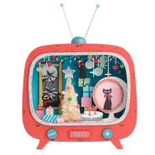 Mid-Century Modern Atomic Cat TV Set Light Up Christmas Decor Laser Cut Wood NEW