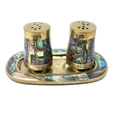 Abalone Mother of Pearl Shell Salt & Pepper Shakers Set with Tray Mexico