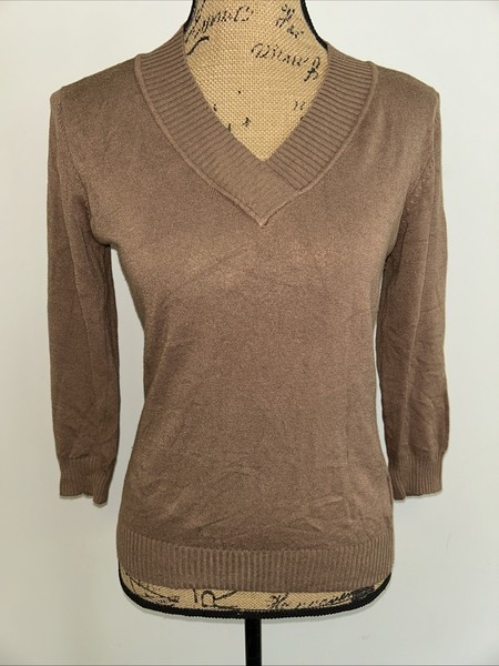 OBVIOUS Women’s Sz S Brown Knit Jumper Sweater Pullover V Neck Tight Stretchy