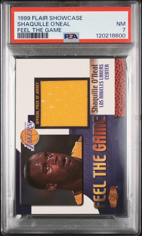 1999-00 Flair Showcase Shaquille O'Neal Feel the Game Worn Jersey Patch PSA 7