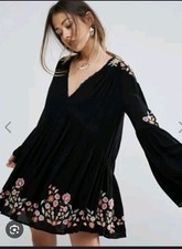 Free People Womens XS Black Te Mia Long Sleeve Mini Dress Boho Chic Micropleated
