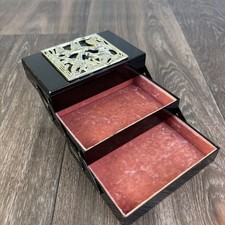 Black Laquer & Metal Trinket Jewelry Box Three Tiered Ducks Birds Flying Vintage
