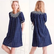 Madewell Sz S Embroidered Puff-Sleeve Babydoll Dress Blue Plaid Smocked Cottage