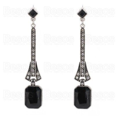 Orecchini Lunghi Pendenti Cristallo Rosso &ndash; Stile Art D&eacute;co Vintage &ndash; Placcato Argento Antico