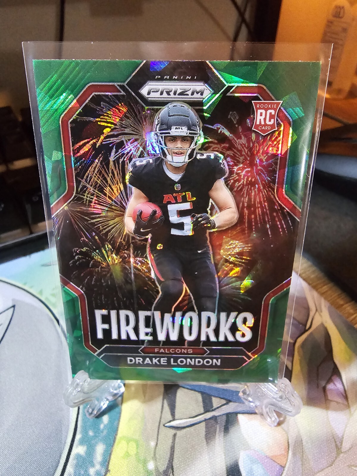 2022 Prizm Football Drake London RC Green Ice Prizm Fireworks SP #F-20